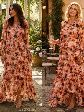 Jaase Peach and Pink Floral Tiered Maxi Dress Small